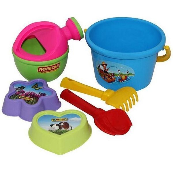 Набор Wader №509: ведро среднее, совок №2, грабельки №2, формочки с наклейкой 2 шт., лейка малая №4 арт. 50977 - Фото