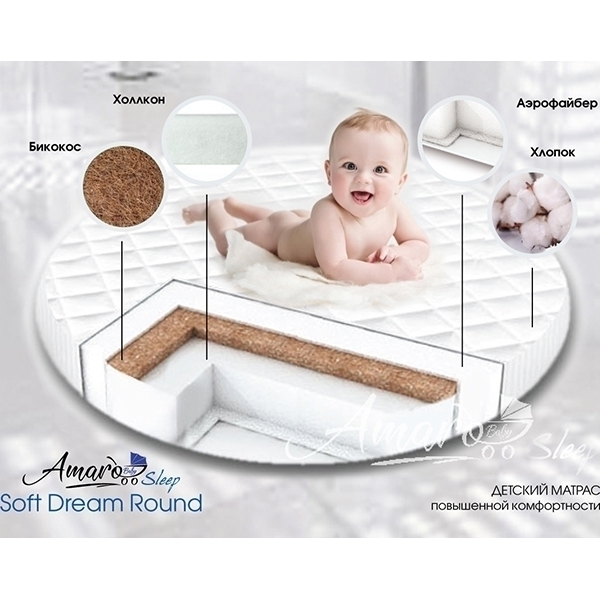 Детский двусторонний матрас AmaroBaby Soft Dream Round, 75 x 75 x 10 см фото 1